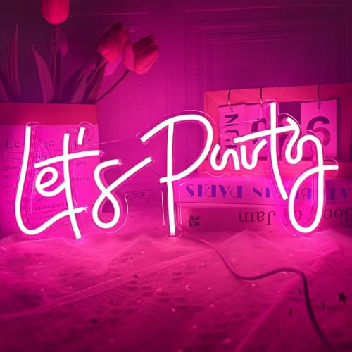 Let's Party neonskylt, LED neon ljusskyltar för väggdekor, konstdekoration bokstav neon ljusskylt för sovrumsdekor, födelsedagsfest, bröllop, alla hjärtans dag gåva (på fest - rosa) 40 x 17 cm