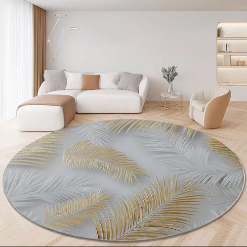 Generisch Rund Teppich 100 cm Luxus Blätter, Flauschig Weich Modern rutschfest Runder Teppiche, Gold Grau Bettvorleger für Schlafzimmer Eingangsbereich Wohnzimmer und Flur