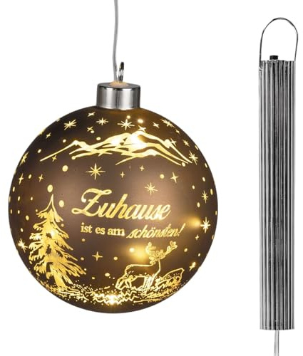 formano LED-julkula för upphängning, 10 cm, brun-guld med ordspråk, hem är vackraste, hängande ljus av matt färgglas med timer och LED – batteridriven dekoration för jul