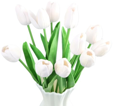 Ziyonix 12 Stück Künstliche Blumen Tulpen, Faux Weiß Tulpen Blumen, 35cm Real Touch Latex Künstliche Tulpens, Plastikblumen Tulpens für Hochzeit Home Party Dekoration und DIY Decor