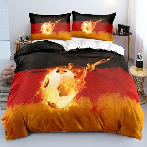 Calcio Copripiumino Grande Stampato 200x200cm Fiamma Fodera per Piumino e 2 Federe per Cuscini, Morbide e Traspiranti, Adatte per Giovani e Adulti, con Chiusura Lampo
