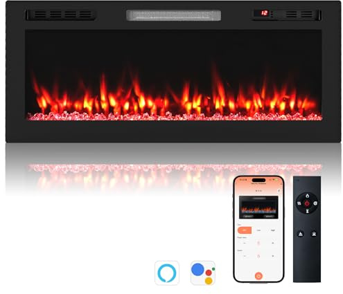 RELAX4LIFE 42 Elektrokamin mit heizung, deko Wandkamin mit App- und Fernbedienung, schwebender Kamin mit LED-Ambientelicht & 3D-Flammeneffekt & Kristall-Glutbett, 1500 W, 12 Flammenfarben, 12H-Timer