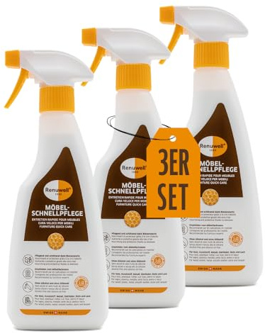 Renuwell Möbel Schnellpflege mit Bienenwachs, 3x 500 ml – Reinigung und Pflege für Möbel und Holzoberflächen, entfernt Staub & Fingerabdrücke, frischt Farben auf, Schweizer Qualität