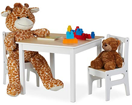 Relaxdays Barnbord med 2 stolar, inomhus lekmöbler Ensemble, 3-delat set, robust, MDF, vit/naturlig, 48 x 60 x 60 cm, 10025964