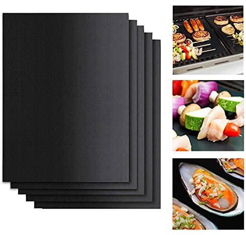 BBQ Grill Mat, 5-Pack Non-Stick Barbecue Baking Sheets, Non Stick Reusable Cooking Mats, Barbecue Mats for Grilling Meat, Veggies, Seafood, Eggs, 40x33CM (Black)