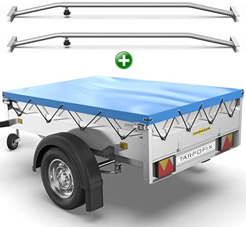 Tarpofix® Lona para remolque plana 258 x 136 x 8 cm + 2x Soporte de lona (ajustable 100-145 cm) - Lona remolque de PVC - Cubierta para varios remolques de coches de 750kg & 1000kg