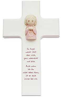 Barnkors ca. 15 x 9 cm vit med tonängel (ca 4 cm) rosa målad text En ängel vaknar alltid mig obemärkt och tyst. Även om jag inte kan se den, är han alltid med mig.