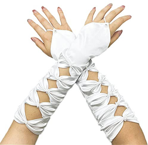 GIVBRO Lange Satin-Handschuhe fingerlose Fäustlinge Bowknot Vintage Brauthandschuhe Zubehör für Frauen Party Bars Hochzeit Dress Up Weiß