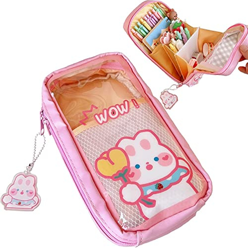 Upxiang Kawaii Pencil Case, Clear Large Pencil Case Cute Bear Rabbit Aesthetic Large Capacity for Girls (#A)