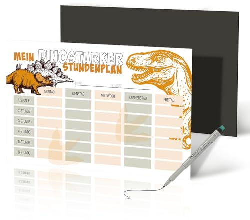 Primus Print Dinosaurier Stundenplan A4 - Magnetisch & Abwischbar inkl. Stift - Wochenplaner für Kinder - Ideal für Kühlschrank, Perfekt für Schule & Zuhause - Made in Germany