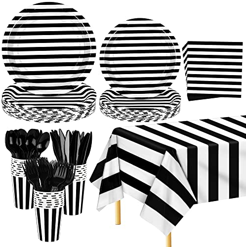 ADXCO Service de table jetable noir et blanc de 176 pièces en papier comprenant des assiettes et serviettes rayées, des tasses, des nappes, des couteaux, des fourchettes et des cuillères pour 25