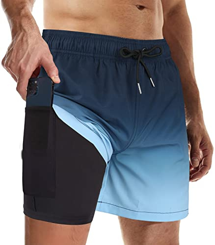 Wantonfy Badbyxor för män med kompression 2 i 1 strandshorts dubbla lager snabbtorkande badshorts surfande strandshorts, Gradvis blå, M