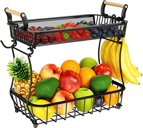 Obstkorb mit 2 Ebenen und 2 Bananen-Aufhängern für Küchenarbeitsplatte, Gemüse-Arbeitsplatte, Aufbewahrungshalter, große Kapazität, Metalldraht, Obstständer, Organizer für Zwiebel, Snack, schwarz