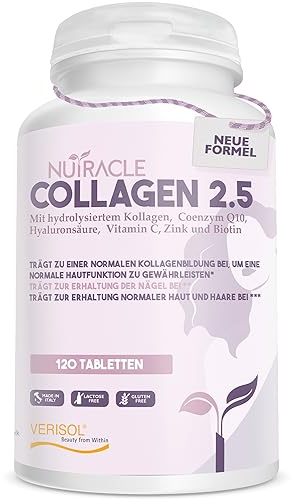 Hydrolysiertes Collagen Verisol® 2500 mg + Hyaluronsäure + Coenzym Q10 - Nahrungsergänzungsmittel für Haut, Haare und Knochen mit Biotin, Zink und Vitamin C - 120 Tabletten, Nutracle.
