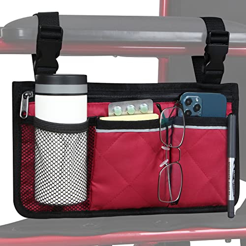 Rollstuhlaufbewahrungstasche Armlehnentasche mit Becherhalterung und reflektierendem Streifen, für die meisten Rollstühle, Gehhilfen oder Rollatoren (Rot)
