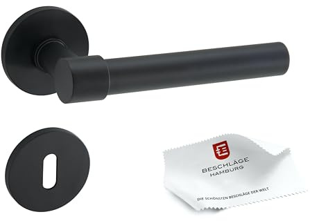 Beschläge Hamburg: Türgriffe/Türbeschlag One L — IO 07Z SM BB — Türklinke ø20x140mm mit runden, ø53x6mm Buntbart Rosetten für Zimmertüren — Drückergarnitur/Türdrücker für Innentüren, in schwarz matt