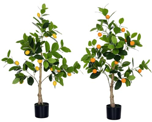 HOMCOM Lot de 2 plantes artificielles de citron et d'orange 120 cm, plantes artificielles de décoration d'intérieur avec vase