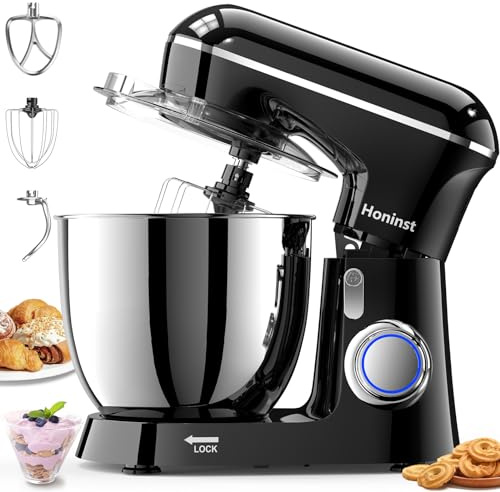 Honinst 1400W Stand Mixers, 6.5L 10-Speed Tilt-Head Electric Food Mixer | 3-In-1 Kitchen Stand Mixer for Baking with Bowl, Dough Hook, Whisk & Beater, Dough Mixer for Cake & Pizza Cooks , Black