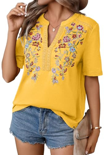 Mexican Shirts for Women Embroidered Tops Traditional Summer Blouse Floral Tunic V Neck Short Sleeve T Shirt Yellow