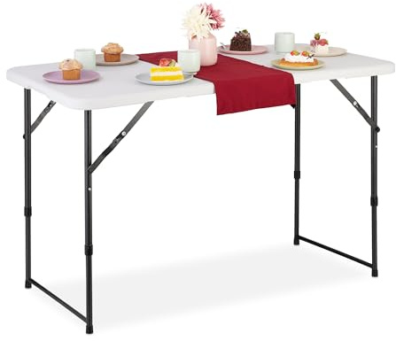Relaxdays Tavolo da Campeggio Pieghevole, HLP: 53,5 x 120 x 60 cm, Tavolino in Plastica, Posto per 6 Persone, Bianco
