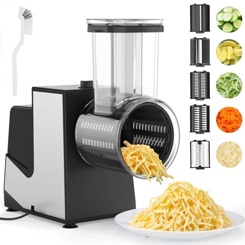FITNATE Electric Cheese Grater, 250W Electric Slicer Shredder Salad Maker with 5 Replaceable Stainless Blades, Kitchen Chopper Vegetable Cutter for Cheese, Fruits, Vegetables