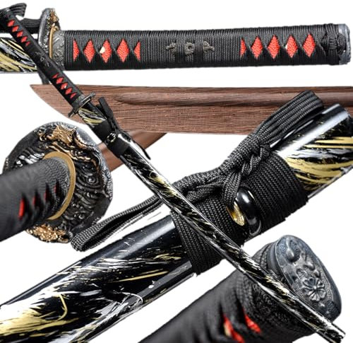 HJHUUA 103cm hölzerne Katana-Klinge aus natürlichem Rosenholz,bemalte Holzscheide,handgefertigtes Bokken-Holz-Samurai-Schwert für Geschenke,Dekorationen,Cosplay,Requisiten,Displays,Kendo-Training