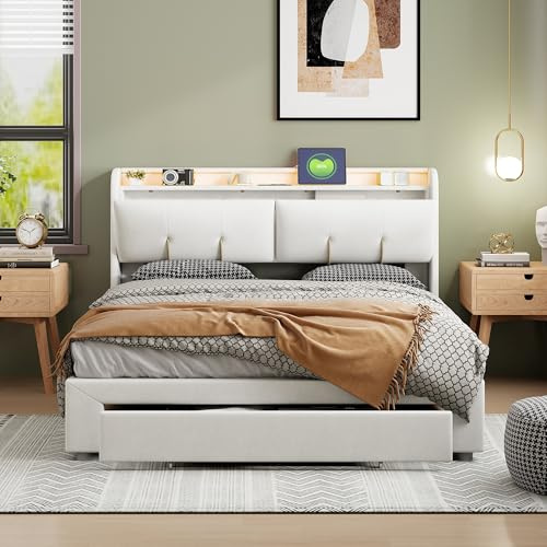 RWUDV Polsterbett Doppelbett 140x200 cm mit Schubladen, LED Hydraulisch Bett 140x200 mit Stauraum and Lattenrost, Staufach-Kopfteil mit USB-Ladefunktion, Boxspringbett Jugendbett Bettgestell, Samt