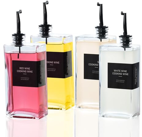 Hniuyun 4 botellas de aceite para cocina, 500 ml, dispensador de aceite de oliva, vinagre y jarabe de café con boquillas antigoteo, etiquetas impermeables y embudo de silicona, color negro