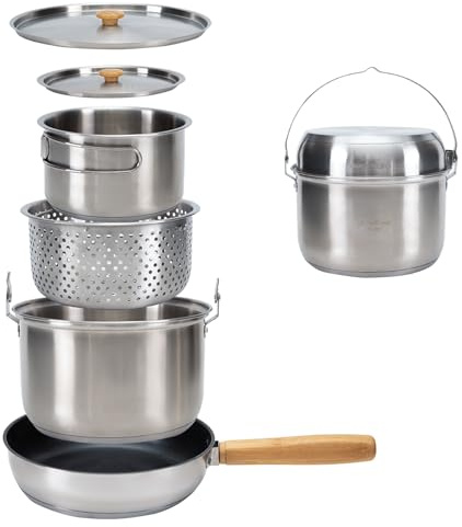 KingCamp Camping Cookware Set, 304 Stainless Steel Campfire Cooking Pots Pan and Kettle with Travel Tote Bag for Camping Outdoor Kitchen Cooking Picnic for 4-6