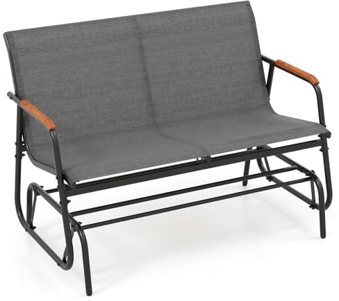 COSTWAY Banco Balancin de 2/3 Plazas, Banco Deslizante con Asiento Largo y Reposabrazos Curvos de Teca, Tela Transpirable, Jardin Terraza Exterior, Carga 300/450kg (74 x 115 x 84 cm)