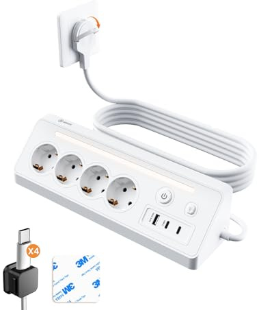 Honizer 7in1 Steckdosenleiste mit USB,4-Fach Mehrfachsteckdose Flachstecker | mit 1 USB-A & 2 USB-C, 16A 3680W Ecksteckdose mit 2 Schalter, 2M Kabel& LED-Nachtlicht für Küche/Büro/Nachttisch