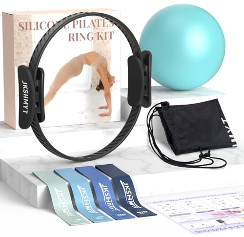 JKSHMYT Pilates Ring -14.5 Home Pilates Essential Kit with Padded Handles, Mini Ball, Resistance Bands, Guide & Bag, Better Me Pilates Circle Set for Women