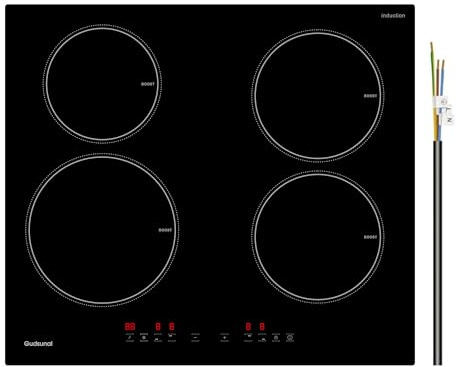 Gudsunal Induction Hob, 4 Cooking Zone, 60 cm, 7200W, Continuous Low Power Heating, Booster, 9 Heat Levels, Timer, Auto Shut-Off, Child Safety Lock, Pan Sensor,Hard Wired, No Plug