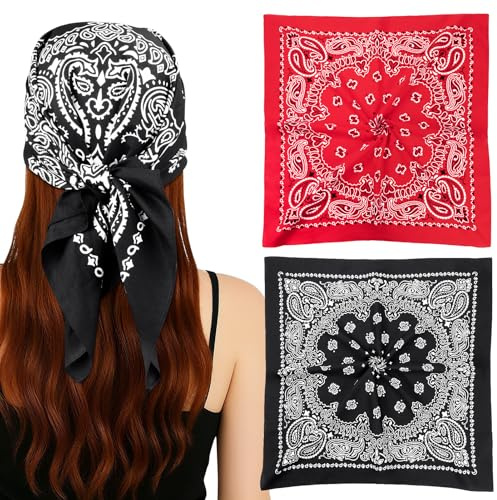 MELLIEX 2 Piezas Bandana Hombre Mujer, Algodón Paisley Pañuelo Cabeza, Vaquero Bufanda de Cuello, 70 x 70 cm, Negro y Rojo