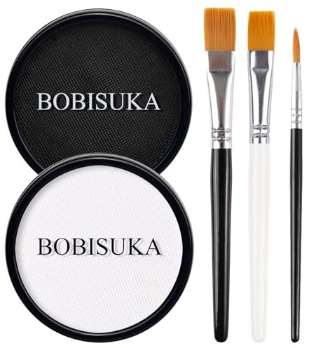 BOBISUKA Black White Face Body Paint, Water Based Face Painting Kit Body Paints with Brushes, Non-Toxic Facepaint for Halloween Party Clown Joker Goth Skull SFX Makeup Costume Cosplay Stage Dress-Up