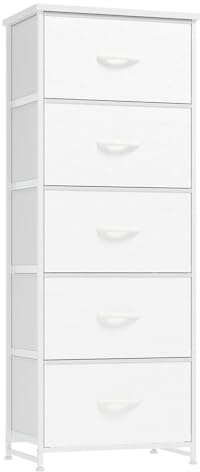 Nicehill Chest of Drawers for Bedroom, 5-Drawer Tall Dresser with Wood Top and Sturdy Steel Frame, Fabric Storage Drawers for Closet, Hallway & Living Room, White Leather
