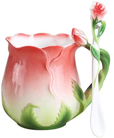 KazeRyu Set Da Caffè In Porcellana Bone China Rose Cup - Tazza Da Tè Pomeridiano Con Cucchiaino, Design Floreale Romantico(Red)