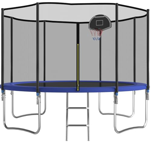 Trampoline d'extérieur, diamètre 305/366 cm, trampoline d'extérieur pour enfants et adultes, trampoline de loisirs avec panier de basket, échelle et revêtement anti-rouille, charge maximale 200/272 kg