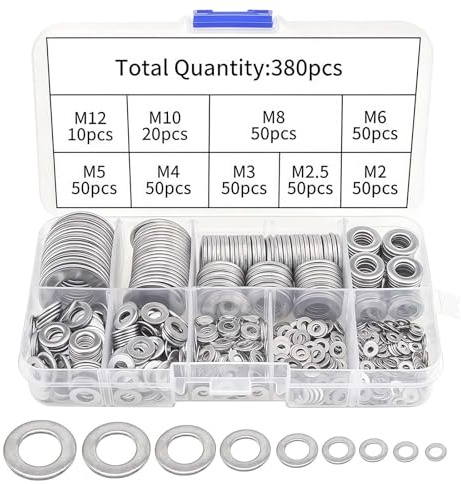 LUMOOM Lot de 380 rondelles en acier inoxydable - Assortiment de rondelles plates M2-M12 - Rondelles de sécurité pour charnières de porte - Joints de vidange d'huile pour réparation hydraulique