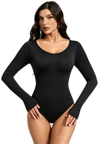 Falafoty Body Femme Manches Longues, Body Gainant, Sexy Col Rond Bodysuit Top, Élasticité Combinaison Slim Fit Jumpsuit Basique Playsuit, Invisible Ventre Plat Amincissant