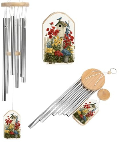 Vogelhaus-Windspiel mit roten, blauen, gelben Blumen, Gedenkspiel, tiefer Ton, Windspiel mit 6 Aluminiumrohren, Outdoor-Hinterhof, Gartendekoration