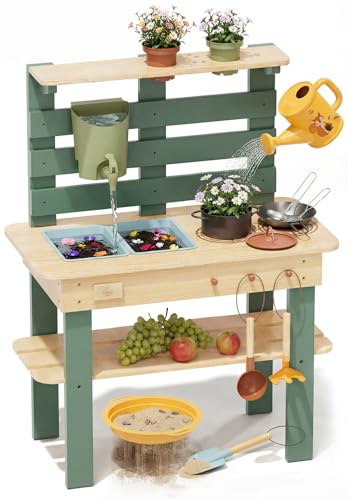 Lehoo Castle Cocina de Barro Infantil para Exterior, Mud Kitchen Juego Sensorial de Madera con Grifo y Fregadero Real, Juguete Montessori de Agua y Jardinería para Niños 3+ Años