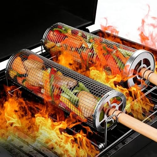 Rolling Grill Basket, 2 Pcs 304 Stainless Steel Rolling Barbecue Utensils Tool with Removable Wooden Handles, BBQ Accessories Tools for Outdoor Cooking Camping Birthday Gifts for Men Dad Husband
