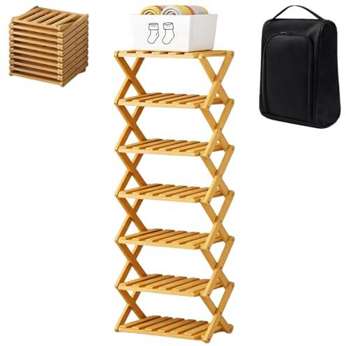 Crexyyo The 9-Tier No-Assembly Bamboo Rack, Bamboo Shoe Rack, Bamboo Shoe Storage Rack with Zero Assembly Required and Space-Saving Design, for Shoes, Books, Plants, Folding (Nature, 7 Tier)