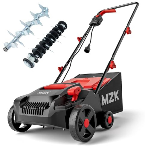 MZK 13-inch 13-Amp 2-in-1 Electric Dethatcher and Scarifier w/Removeable 4-Position Height Adjustment,Lawn dethatcher w/8-Gallon Thatch Collection Bag,Keep Lawn Health (RED)