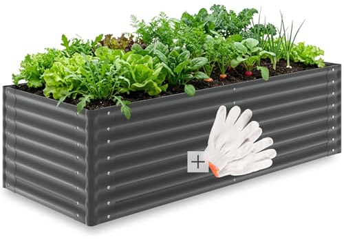 tectake® Aiuola Rialzata Zincata, 200x80x62 cm, 970L, Fioriera da Esterno, Letto per Giardino Fondo Aperto, Orto Rialzato da Esterno, Per Giardinaggio, Erbe, Ortaggi Frutta, Fiori, Guanti Inc- Grigio