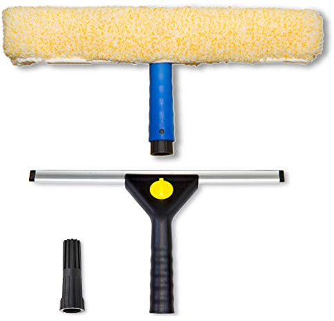 WinHux Window Squeegee and Microfibre Washer Set for Telescopic Poles - 30cm Rubber Blade with 35cm Washable Sleeve, Long Reach Window Cleaning Kit, ACME Thread