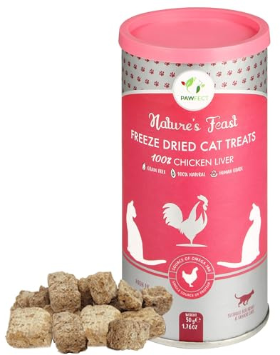 Pawfect Nature's Feast Freeze-Dried Chicken Liver Cat Treats - Taurine & Iron Rich for Vitality Energy & Immunity - 100% Natural Grain-Free - High Protein & Nutrient-Dense Cat Treat (50g/1.76oz)