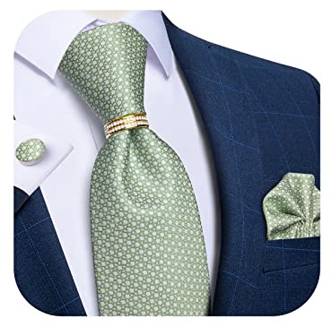 DiBanGu Herren-Manschettenknöpfe aus Seide und goldfarbenem Krawattenring, gewebt, Einstecktuch, mit Geschenkbox, Paisleymuster, solide Krawatte, formelle Hochzeit, salbeigrün, Einheitsgröße