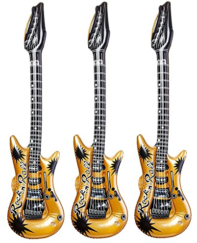 Zugar Land Gold Rock-n-Roll Inflatable Guitar (40 Inches) Vinyl. Perfect Party Favor, DJ Dance 80s Rocker (Gold Color (3 Pack)),